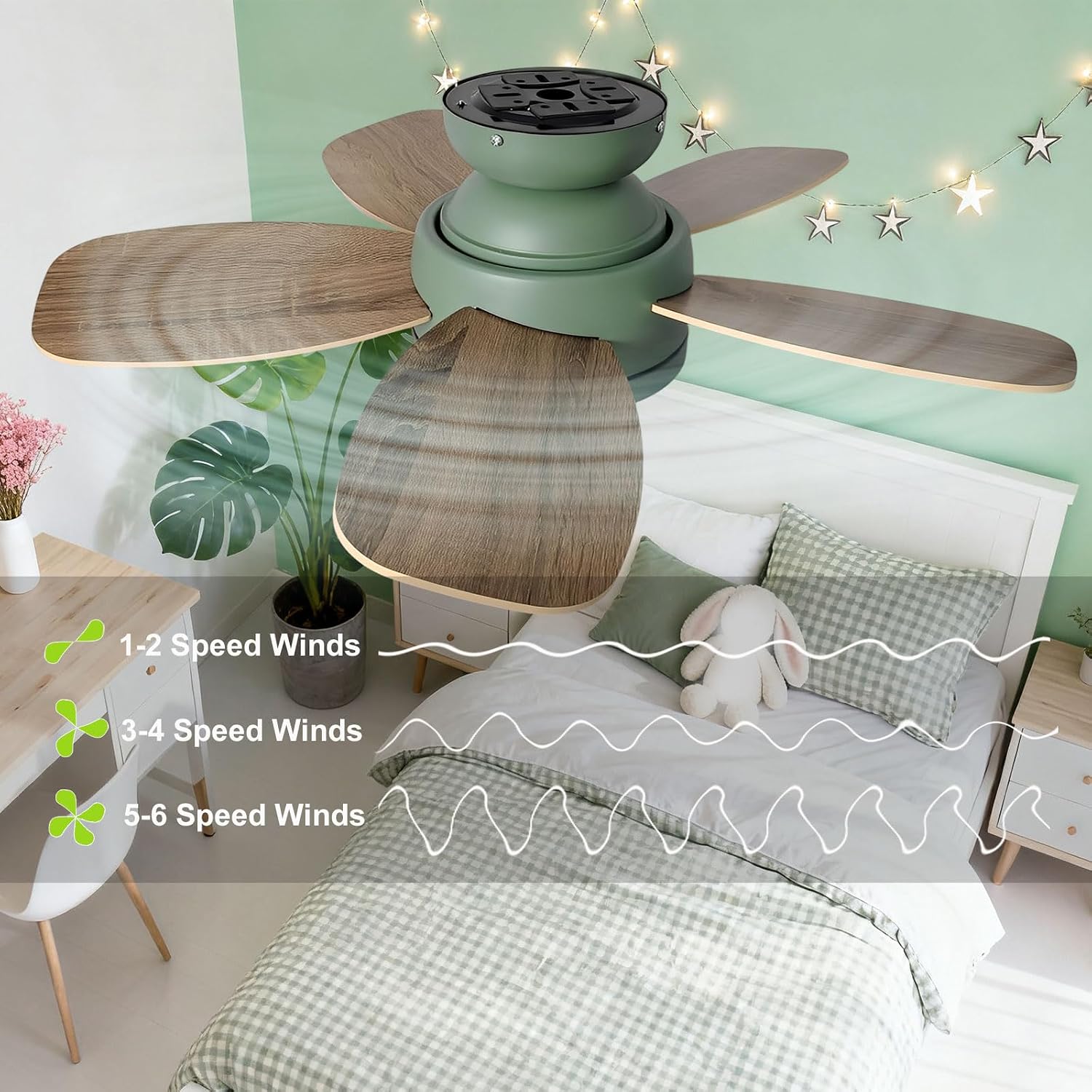 Flush Mount 32in Ceiling Fan with Light 6 Speed Quiet Green Ceiling Fans Remote LED Ceiling Lights Fan Lighting Timing Reversible Fan Light for Bedroom Kids Room Lounge