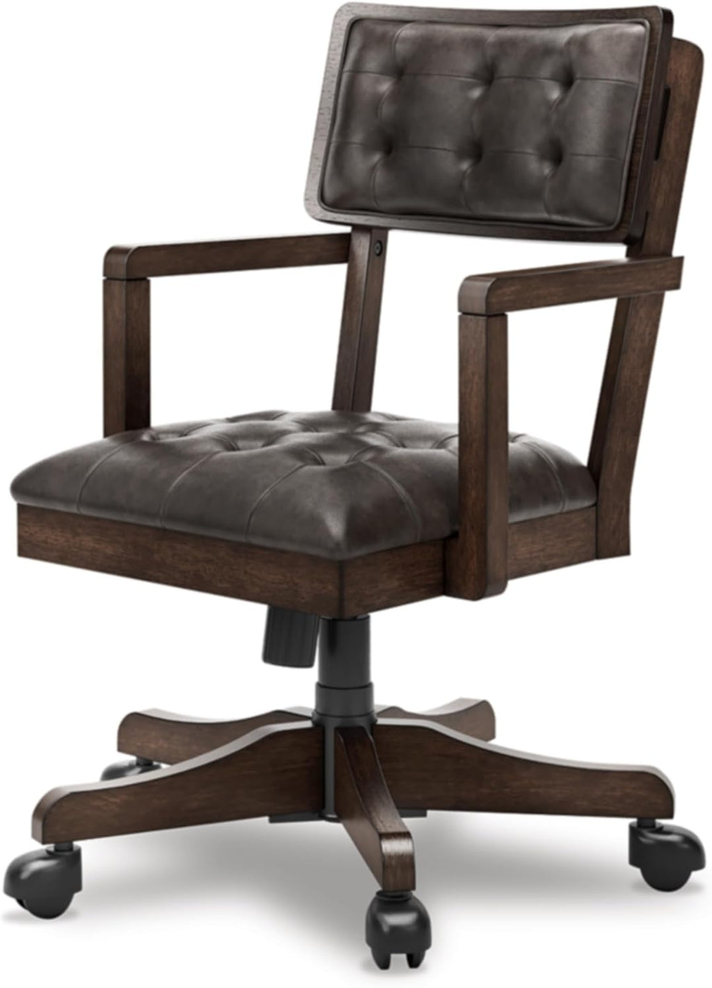 Signature Design by Ashley Breckington Contemporary Faux Leather Tufted Home Office Desk Chair with Adjustable Height and Casters, Solid Wood, 28.75' W x 28.75' D x 38' H, Dark Brown