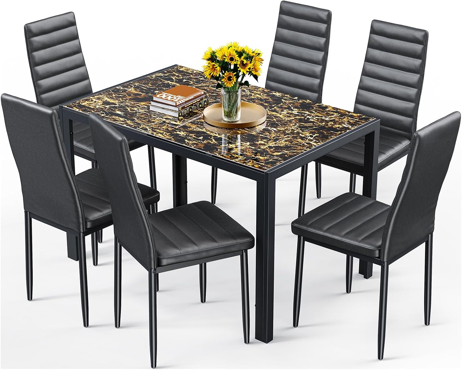 Bealife Kitchen Dining Table Set for 6, Tempered Glass 7 Piece Table and Chairs Set Modern for Home, Kitchen, Living Room, Dining Room, Marble