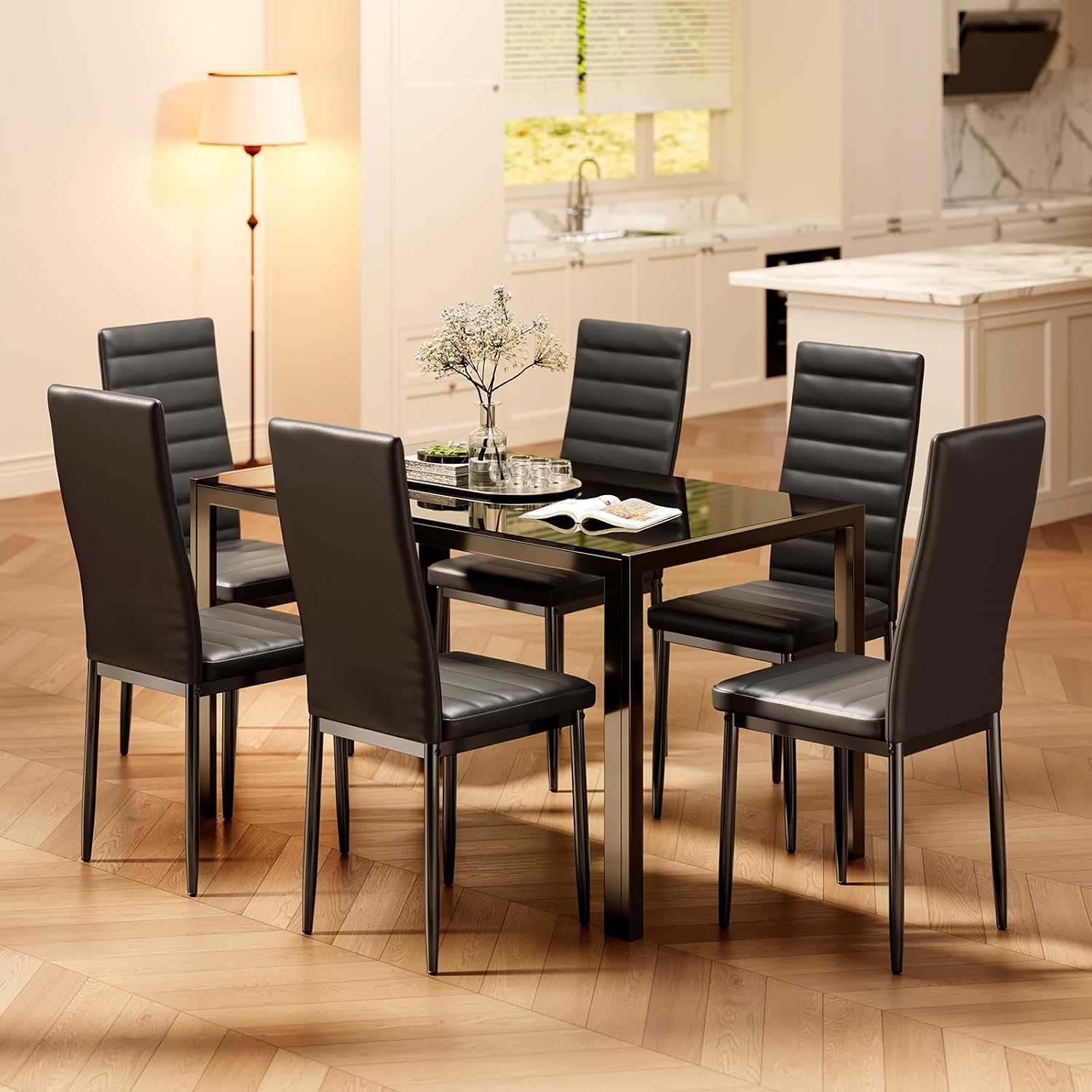 Bealife Kitchen Dining Table Set for 6, Tempered Glass 7 Piece Table and Chairs Set Modern for Home, Kitchen, Living Room, Dining Room,Black