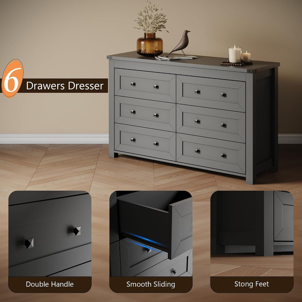 Dresser for Bedroom with 6 Drawers, Farmhouse Wood Chest of Drawers, Wide TV Stand Closet Storage Furniture with Metal Handle, Modern Clothes Organizer for Hallway, Living Room, Entryway, Black
