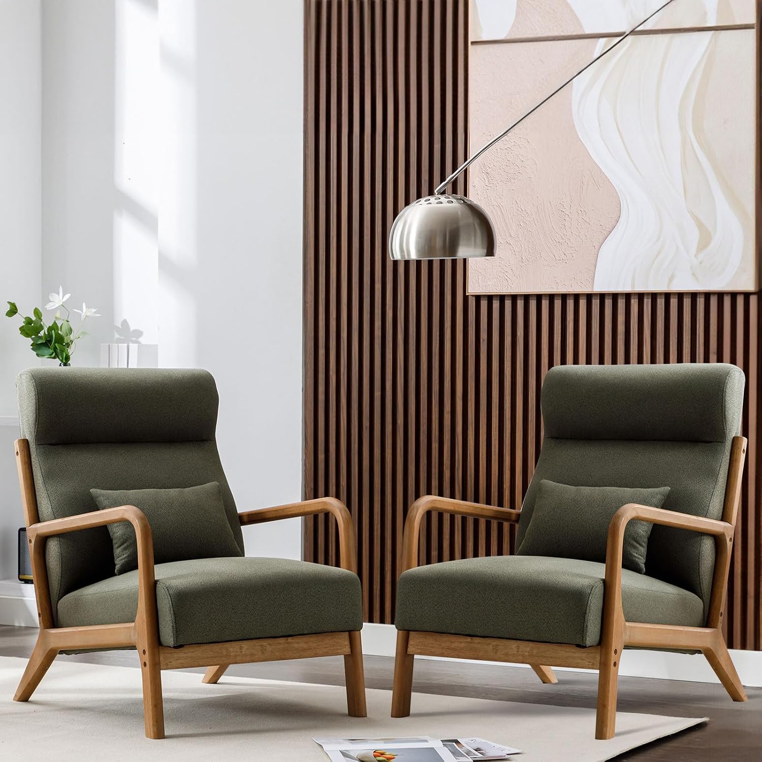 ANJ Mid Century Modern High Back Accent Chairs Set of 2, Single Lounge Armchair with Solid Wood Frame, Comfy Reading Chair for Living Room, Easy Assembly