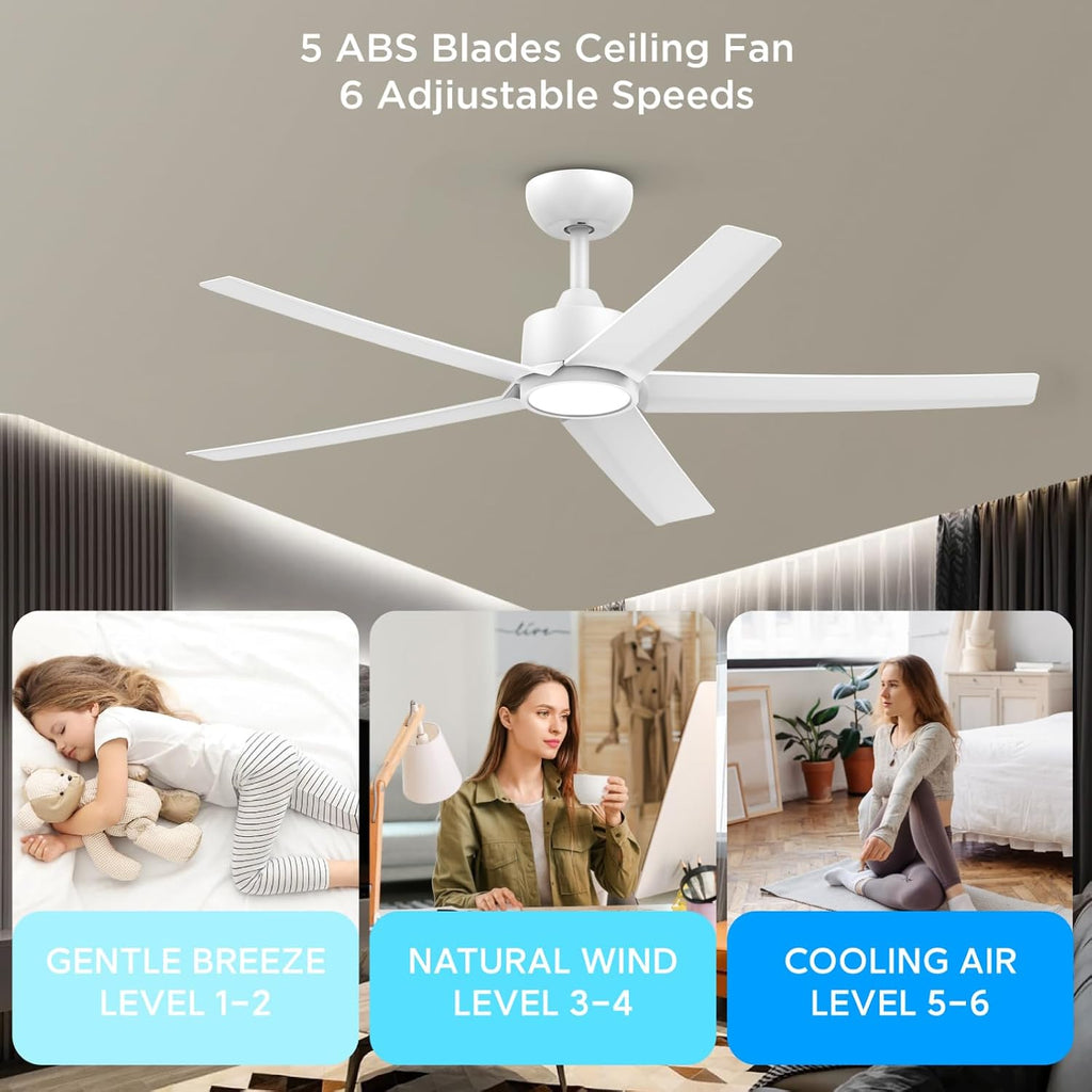 ocioc 2 Pack 52 inch Ceiling Fans with Lights and Remote Control, Ultra Quiet DC Motor, 3 Color Temperatures Modern Ceiling Fan for Bedroom Patio Indoor Covered Outdoor White