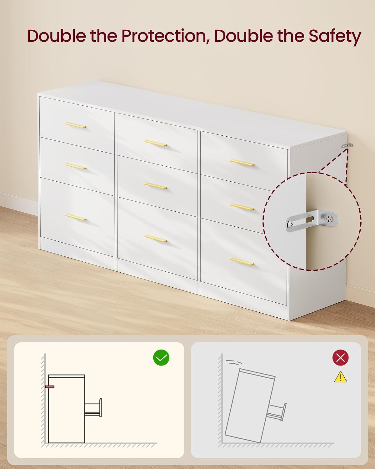 VASAGLE Custos Collection - Dresser for Bedroom, Chest of Drawers for Closet, Modern Style, TV Stand for Living Room, 9 Drawers, 15.8 x 63 x 30.7 Inches, Cloud White ULTS419WB01S