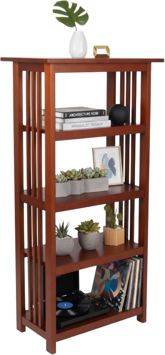 Alaterre Furniture Mission 4-Tier Bookcases with Adjustable Shelves – Mid-century Modern 48-Inch Wood Bookshelf for Living Room, Bedroom or Home Office (Cherry)