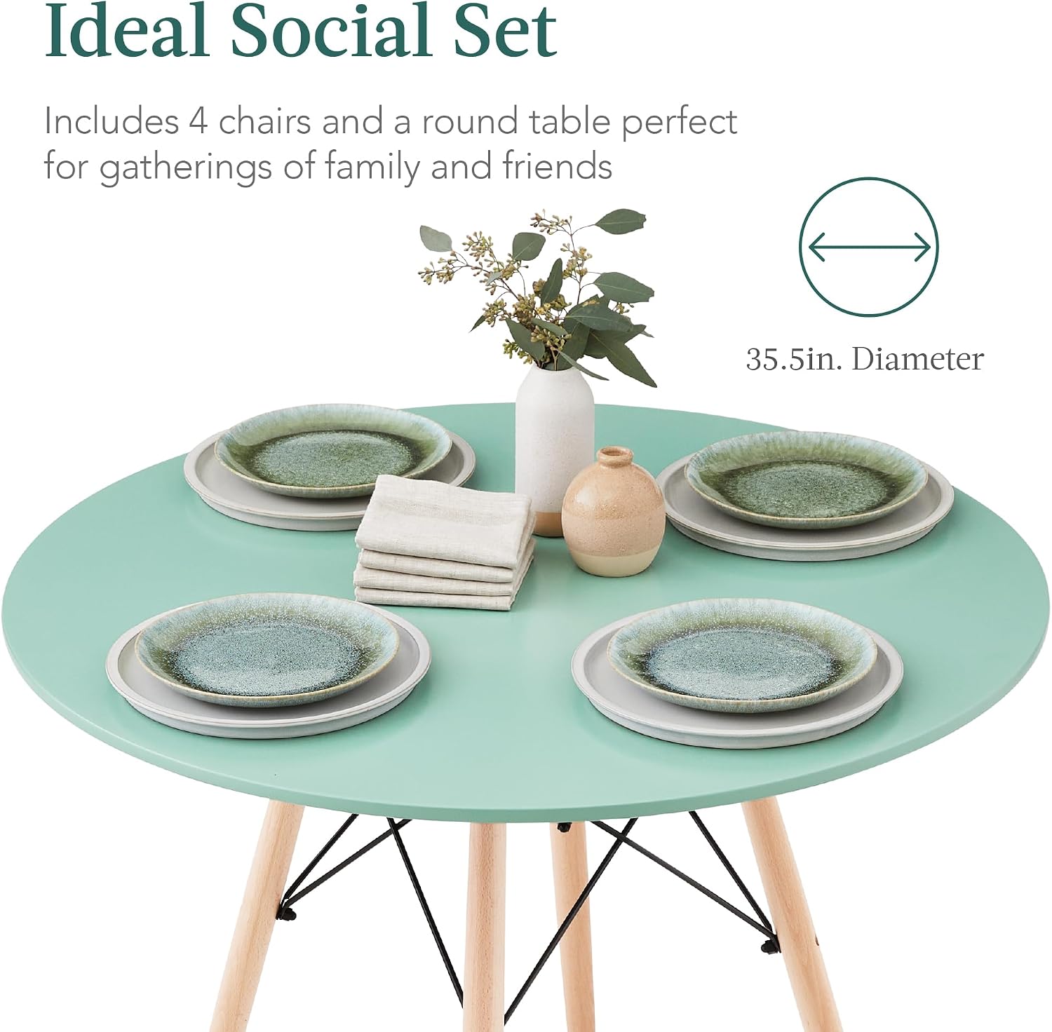Best Choice Products 5-Piece Dining Set, Compact Mid-Century Modern Table & Chair Set for Home, Apartment w/ 4 Chairs, Plastic Seats, Wooden Legs, Metal Frame - Light Green/Oak