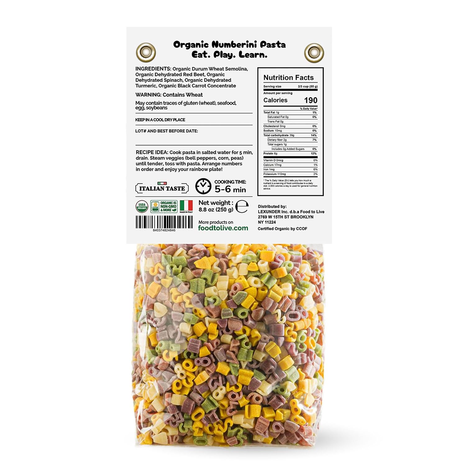 Food to Live Organic Numberini Pasta - Eat. Play. Learn, 8.8 oz (Pack of 24) – Multicolor Italian Fun Kid's Pasta, Made with Roots and Vegetables, Non-GMO, Bulk