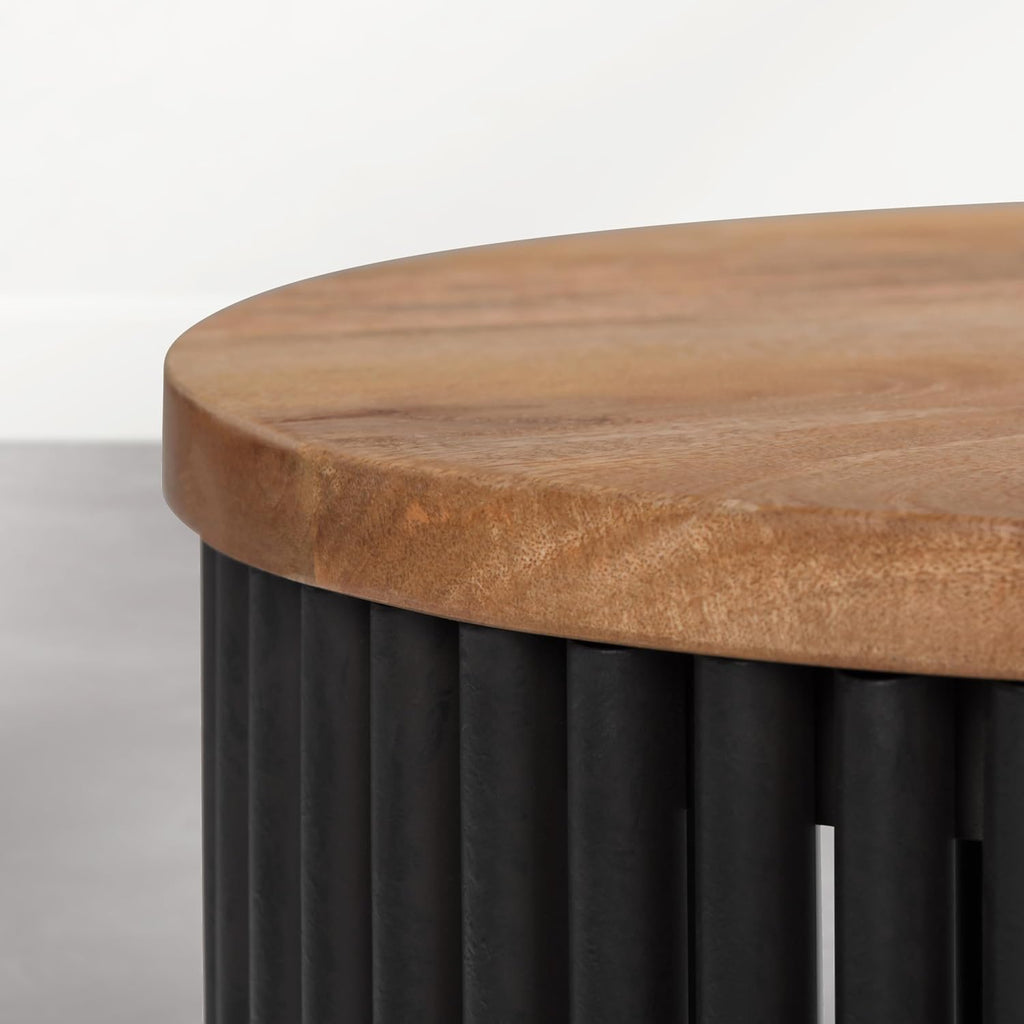 SIMPLIHOME Demy Accent Table - 18 inch Wide Solid Mango Wood and Metal Round Side Table in Earthtone/Ebony, Modern End Table for Living Room or Bedroom with Slatted Base Design, Assembled