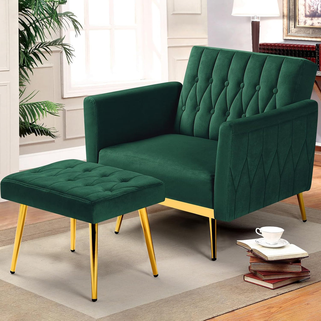 Velvet Accent Chair with Adjustable Armrests and Backrest, Button Tufted Lounge Chair, Single Recliner Armchair with Ottoman and Pillow for Living Room, Bedroom, Green