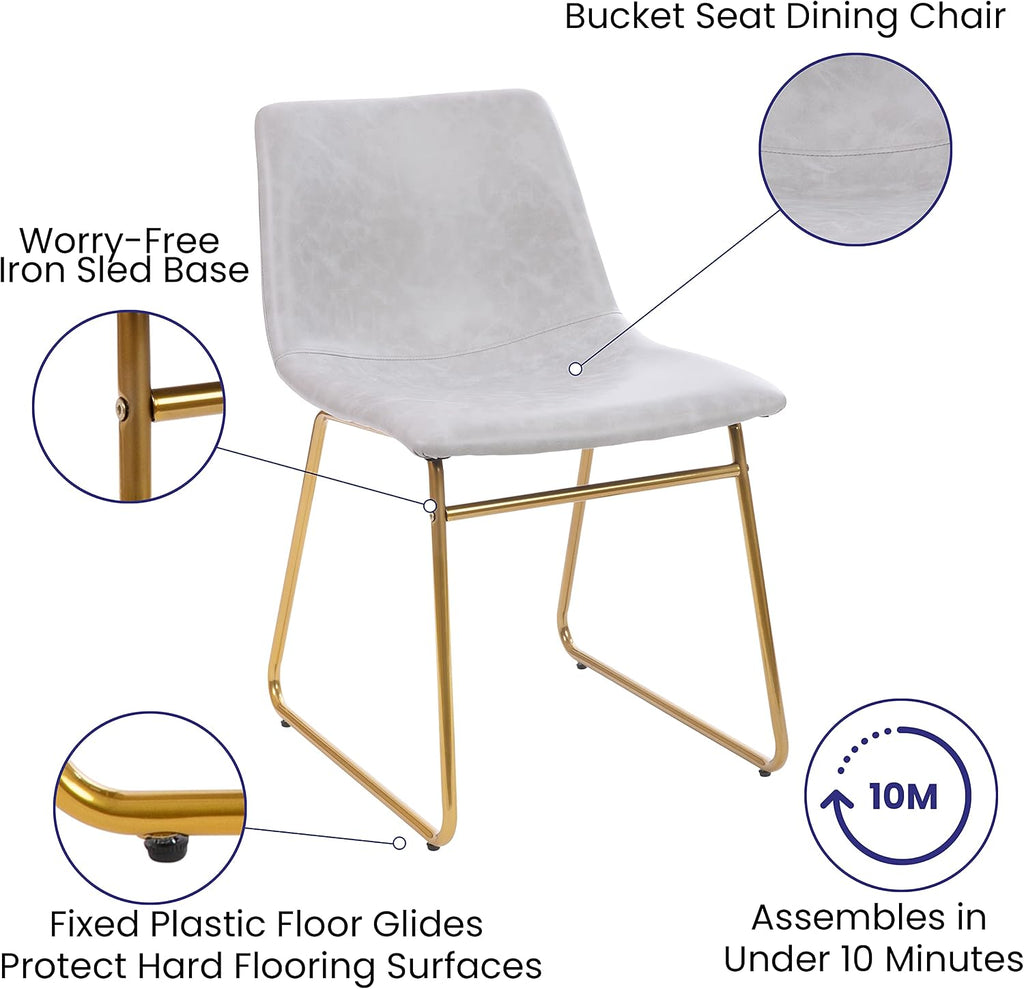 Flash Furniture Butler 18' LeatherSoft Dining Table Height Chairs, Mid-Century Modern Bucket Style Dining Chairs, Set of 2, Light Gray/Gold