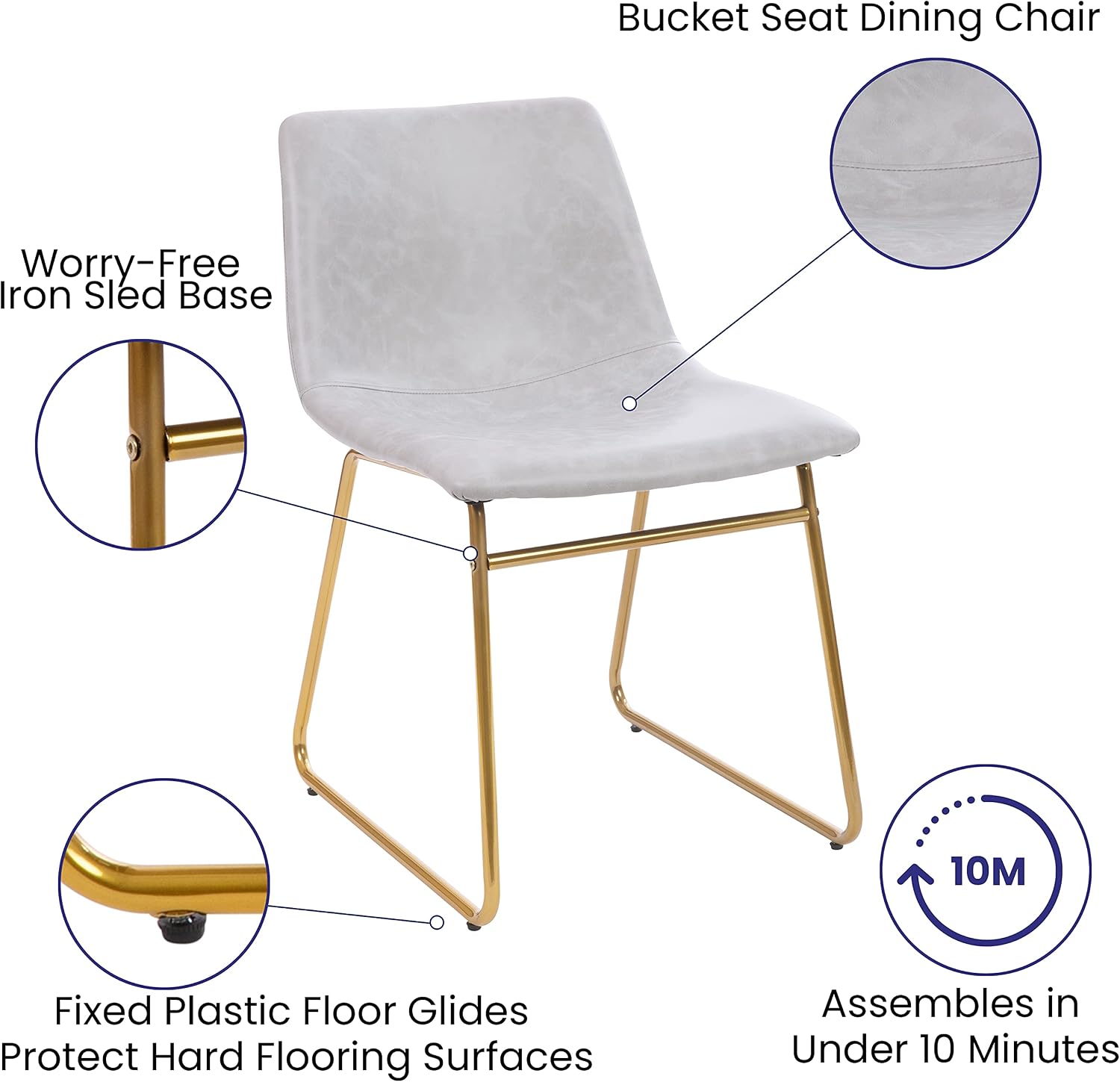 Flash Furniture Butler 18' LeatherSoft Dining Table Height Chairs, Mid-Century Modern Bucket Style Dining Chairs, Set of 2, Light Gray/Gold