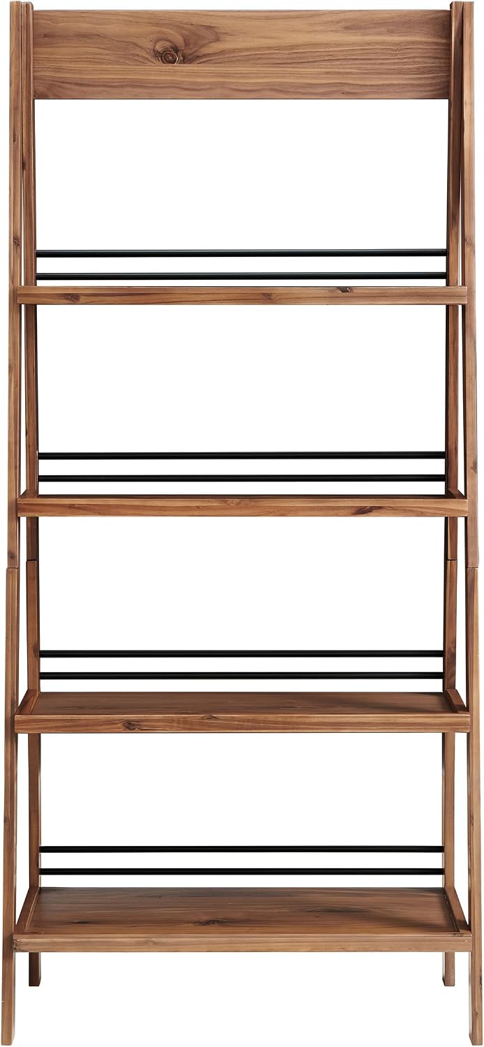 4-Tier Ladder Bookshelf - Freestanding Bookcase with Bar Back Frame - Shelves for Living Room, Kitchen, Bedroom, and Office by Lavish Home (Walnut)