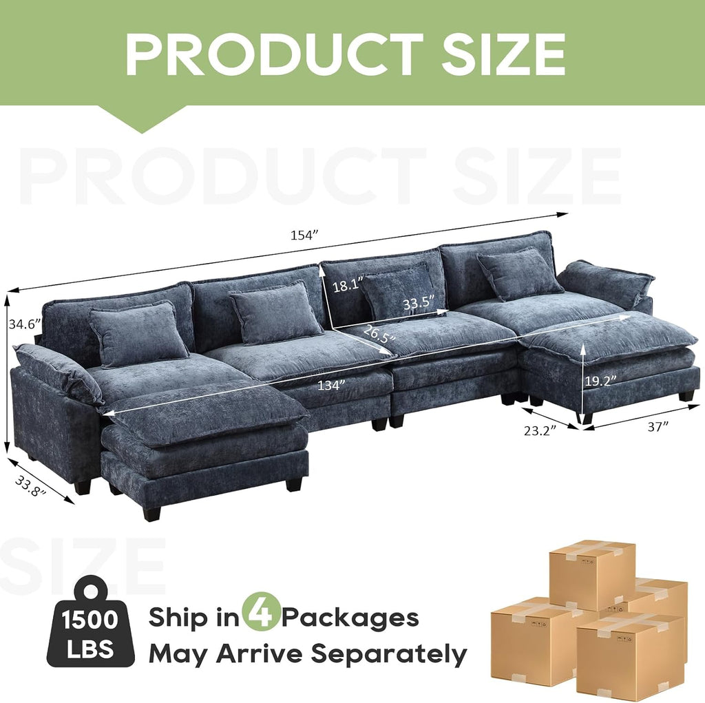 Oprisen 154' Modular Sectional Sofa, Comfy Cloud Couch Sectional Sofa with Ottoman, Chenille Sofa Sleeper Deep Seat Sofa with Throw Pillows for Living Room (Blue, 154'- U Shape)