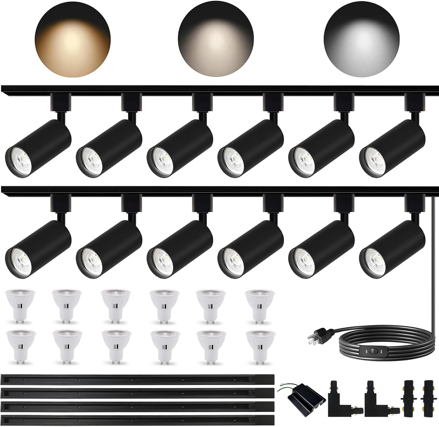 Plug in 3CCT Black Track Lighting Complete Kit with 4 * 3.28FT H Track Light Rails and 120V 12x10W GU10 Track Light Heads Brightness Dimmable Ceiling Spotlight Fixture for Accent Lighting