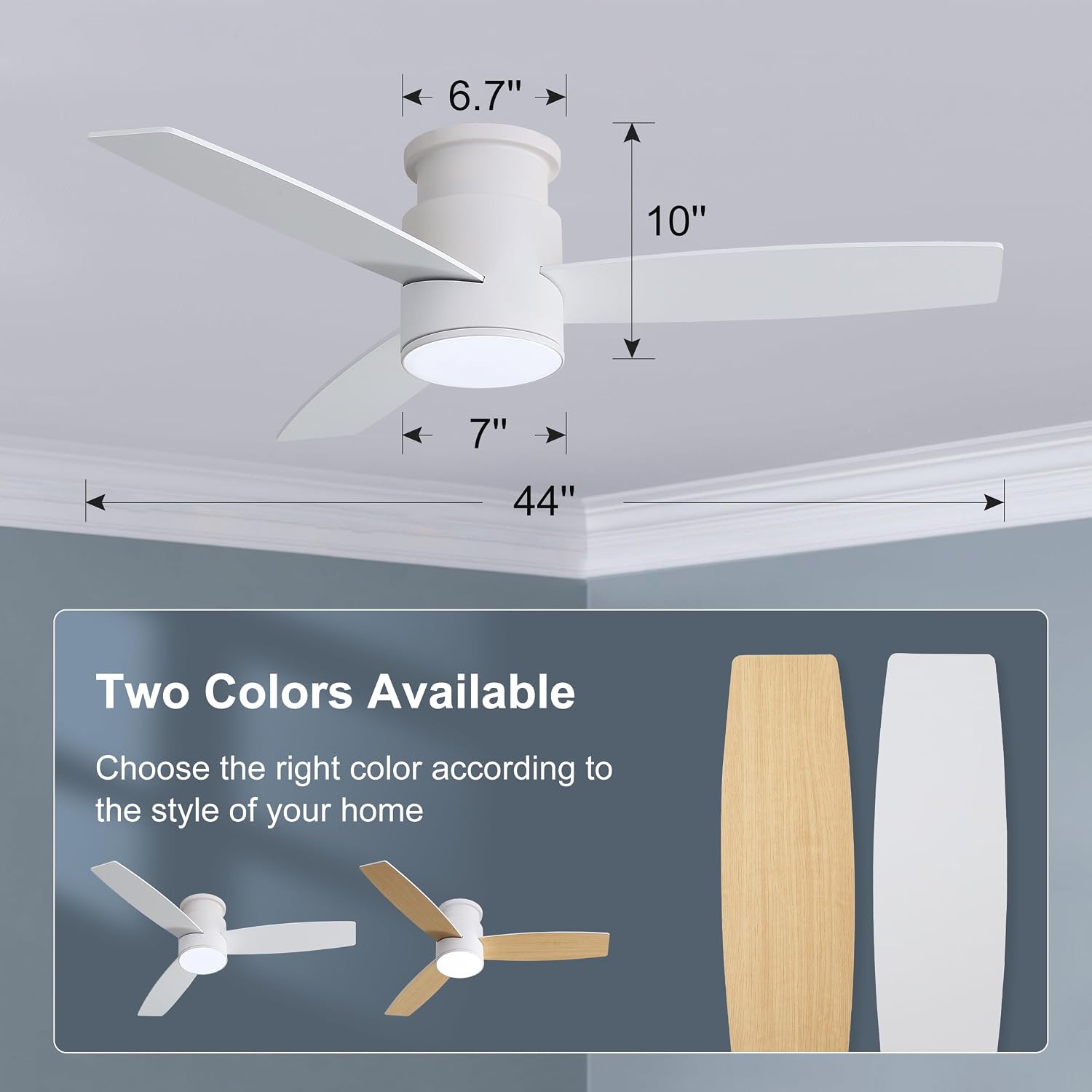 WINGBO 44 Inch Flush Mount DC Ceiling Fan with Lights and Remote, 3 Reversible Blades in White/Oak Finish, 6-Speed DC Motor, 3CCT, Low Profile White Ceiling Fan for Bedroom, Indoor/Outdoor Use