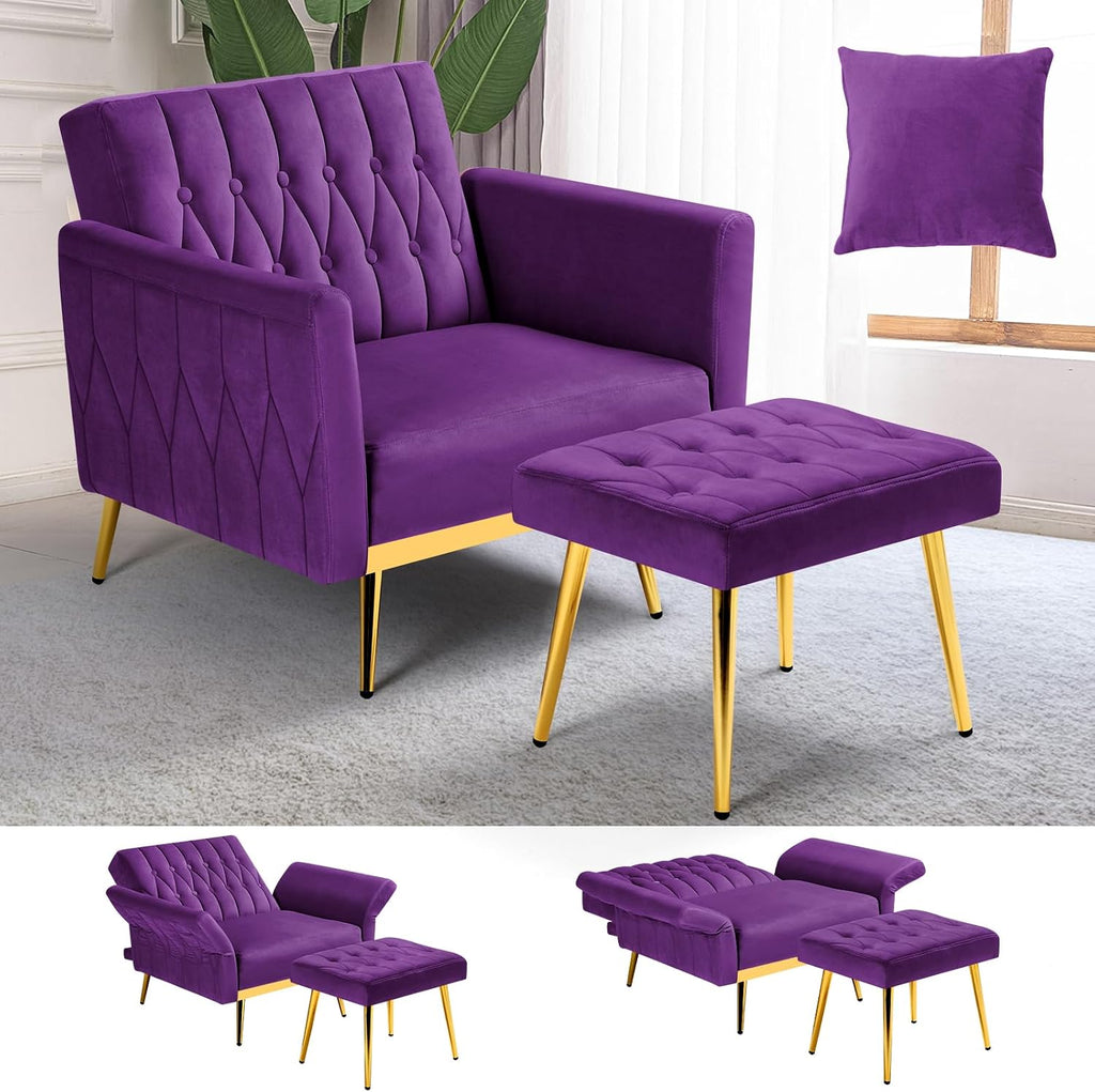 Velvet Accent Chair with Adjustable Armrests and Backrest, Button Tufted Lounge Chair, Single Recliner Armchair with Ottoman and Pillow for Living Room, Bedroom, Purpel
