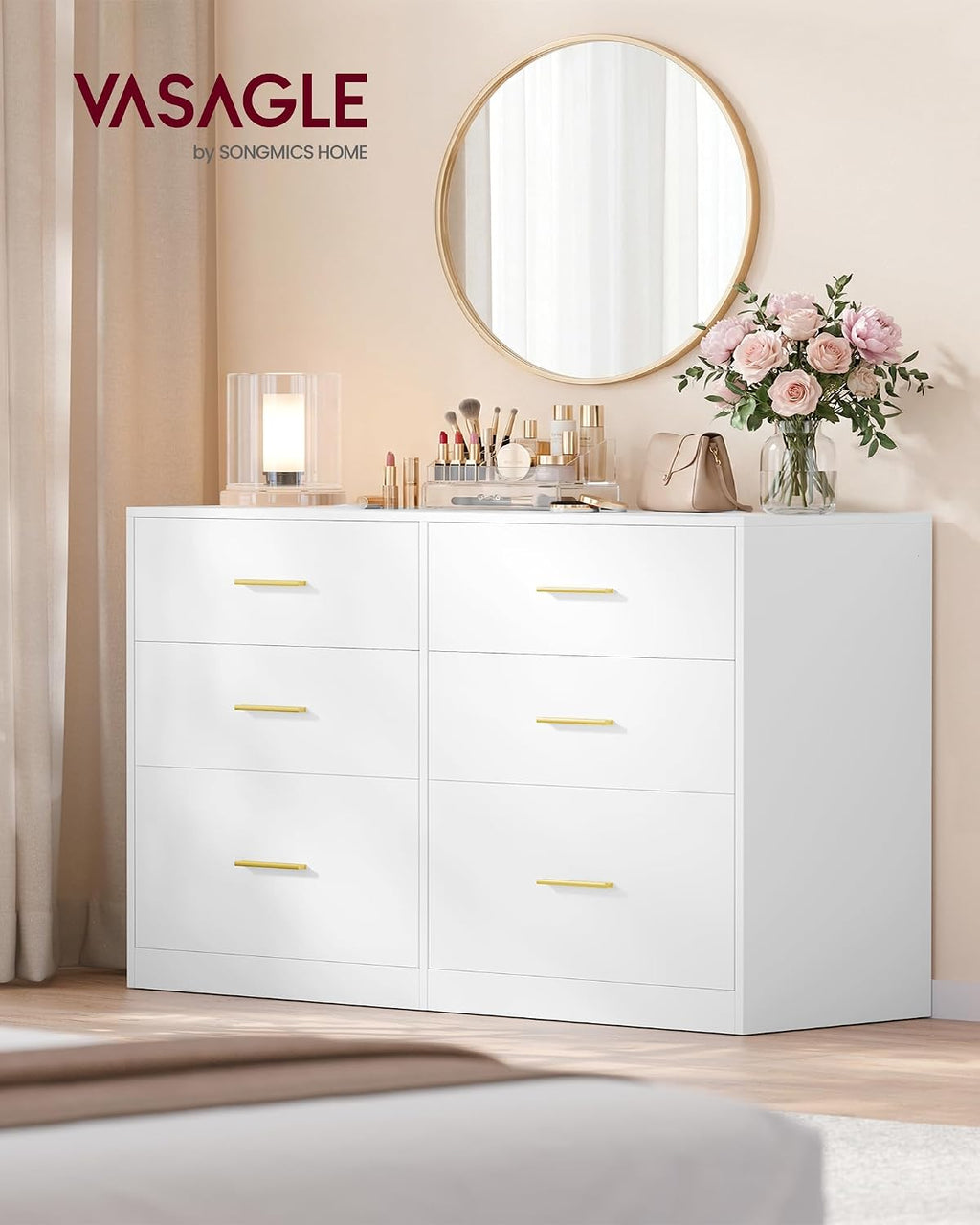 VASAGLE Custos Collection - Dresser for Bedroom, Chest of Drawers for Closet, Modern Style, TV Stand for Living Room, 6 Drawers, 15.8 x 46.9 x 30.7 Inches, Cloud White ULTS416WB01S