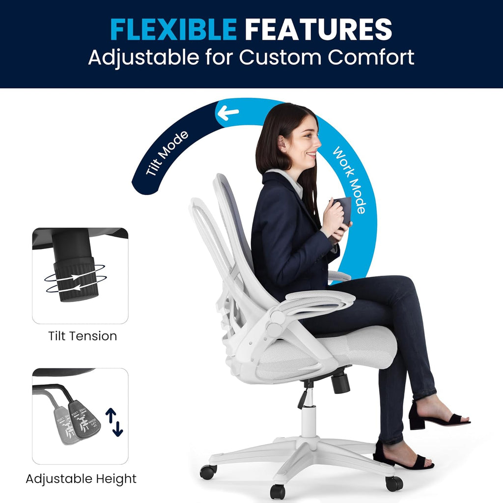 Flash Furniture Porter High-Back Swivel Office Chair with Adjustable Lumbar Support and Height, Ergonomic Mesh Desk Chair with Flip-Up Armrests, White