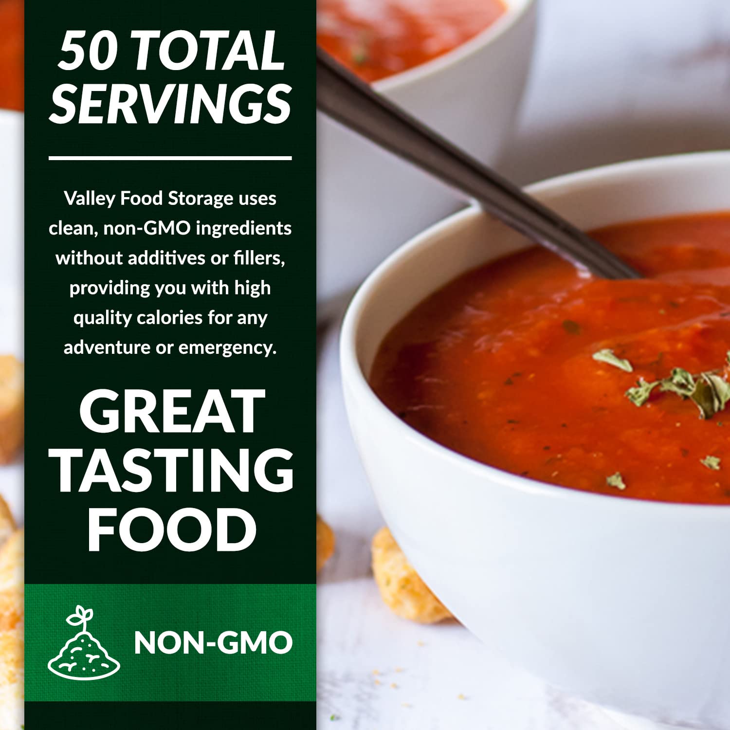 Valley Food Storage Tomato Basil Soup | 10-Bag Bucket, 50 Servings | Premium Emergency Food Supply with 25 Year Shelf Life | Survival Meal Kits, Prepper Food, Camping & Off-Grid Living Supplies | Packaged in USA