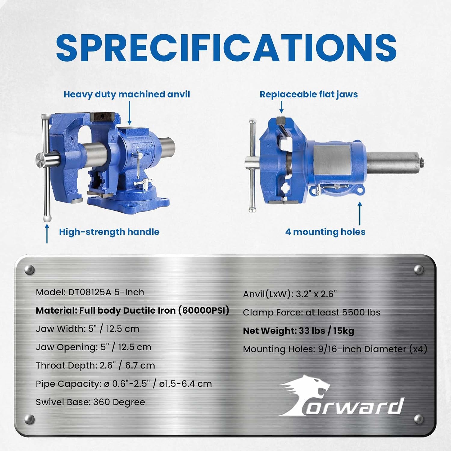 Forward DT08125A 5-Inch Heavy Duty Bench Vise 360-Degree Swivel Base and Head with Anvil (5', Ductile Iron)