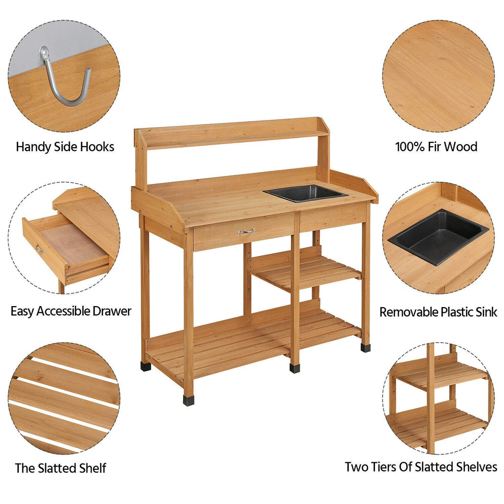 48' Wooden Outdoor Indoor Planting Gardening Garden Potting Bench Workbench Workstation Table Removable Sink Drawer 2 Tiers Storage Shelves Rack Open Shelf 3 Side Hooks Gardening Supplies Tools Storag