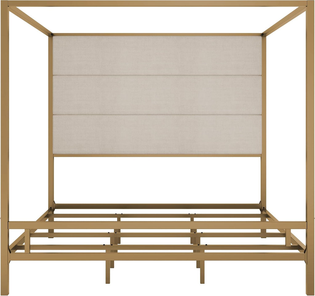 Merax King Size Gold Metal Canopy Bed Frame, Modern Upholstered Linen Headboard with Tall Back Support, 800 lbs Weight Capacity, Luxurious 4-Poster Bedroom Furniture for Modern Home, Gold+Tan