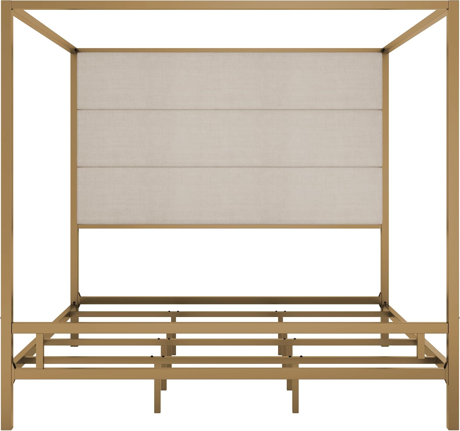 Merax King Size Gold Metal Canopy Bed Frame, Modern Upholstered Linen Headboard with Tall Back Support, 800 lbs Weight Capacity, Luxurious 4-Poster Bedroom Furniture for Modern Home, Gold+Tan