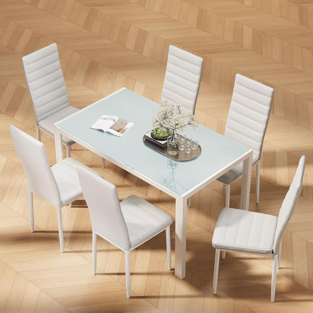 Bealife Kitchen Dining Table Set for 6, Tempered Glass 7 Piece Table and Chairs Set Modern for Home, Kitchen, Living Room, Dining Room, White