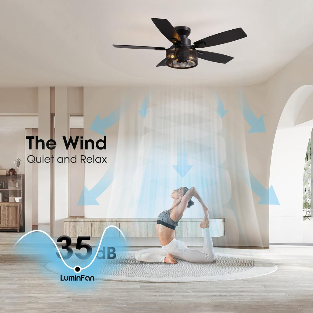 LuminFan Flush Mount Ceiling Fans with Lights and Remote Control, Low Profile Farmhouse Ceiling Fan with LED Lighting for Bedroom Living Room and Patio, Black Caged Ceiling Fan for Indoor and Outdoor