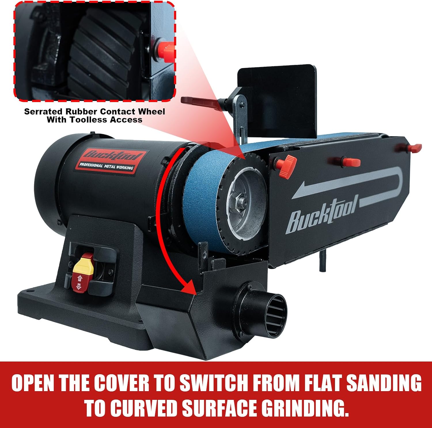 Bucktool 2 x 48 Belt Sander, 1 HP 7A 4500 FPM Bench Belt Sander for Knife Making, Metalworking and Stock Removal, Flat and Curved Sanding Design, Quick Belt Change