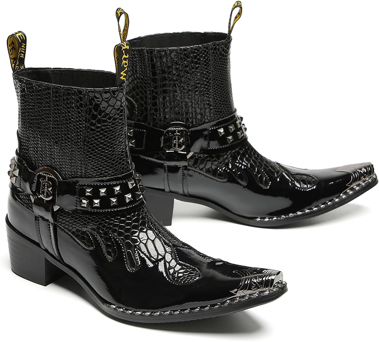 Santimon Men's Genuine Leather Western Chelsea Cowboy Boots | Mid-Top with Metallic Wingtip Toe & Snakeskin Buckle | Dress-to-Casual for Stage, Neon Nights