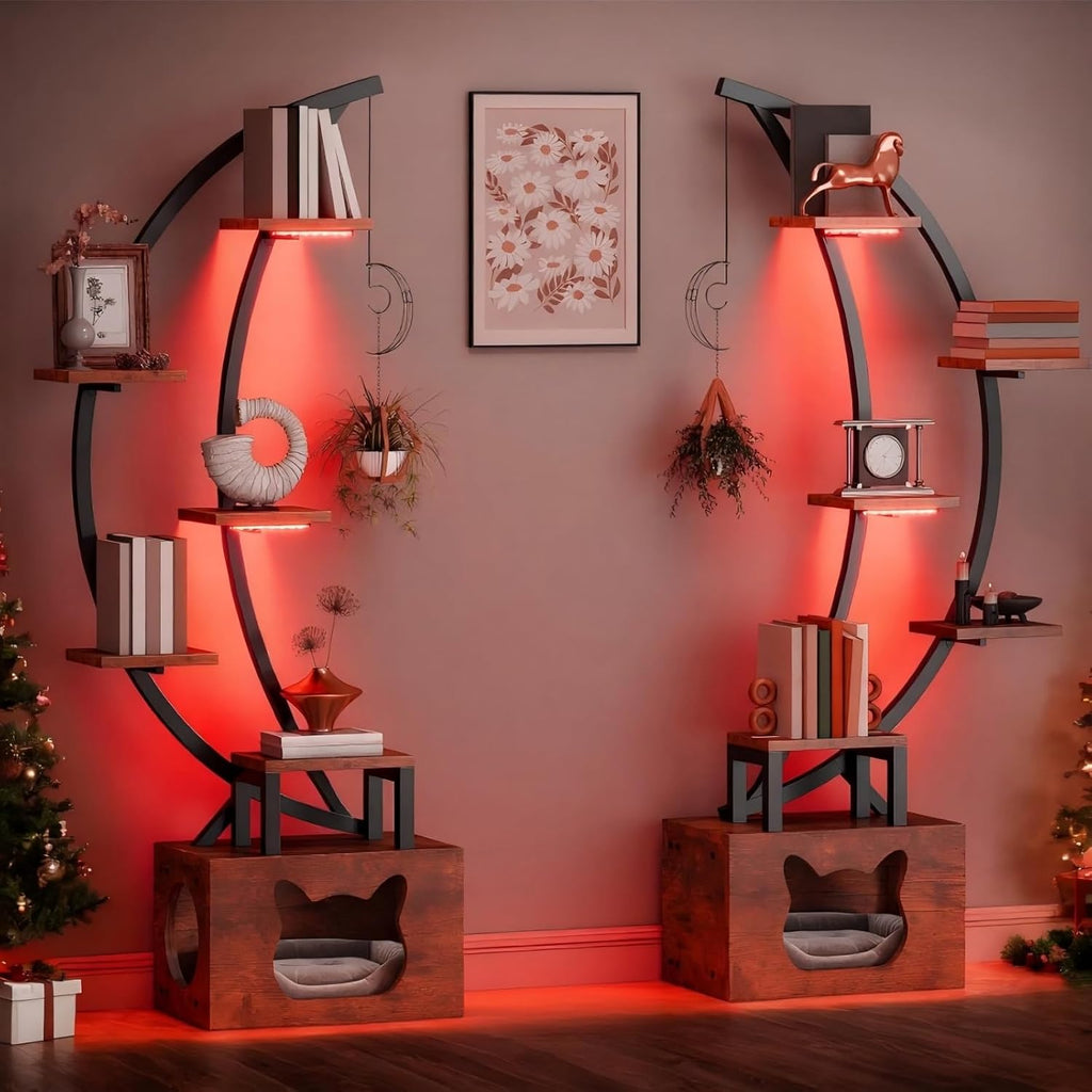 YITAHOME Tall Bookshelf with LED Light, Artistically Designed Arched Bookshelf with Cats Litter Box,10-Tier Bookcase Corner Display Shelf for Home Office, Bedroom