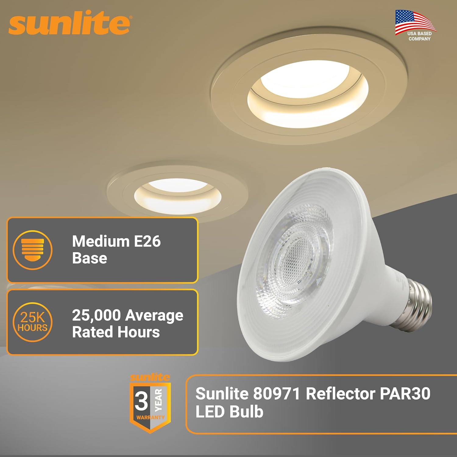 Sunlite Reflector PAR30 LED Bulb, Spotlight, 9W (75W=), 750 Lmns, Medium E26 Base, 90 CRI, Dimmable, Decorative Track Lighting Use, ETL, Title-20 Compliant, Bulk, 24 Pack, 30K-Warm White