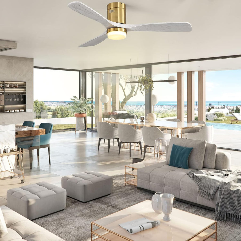 Sofucor 52 Inch Low Profile Ceiling Fan With Lights and Remote, Outdoor Modern Flush Mount Ceiling Fan 6-SPeed 3-CCT with Timer 3 Wood Blades for Bedroom Living Room Patios