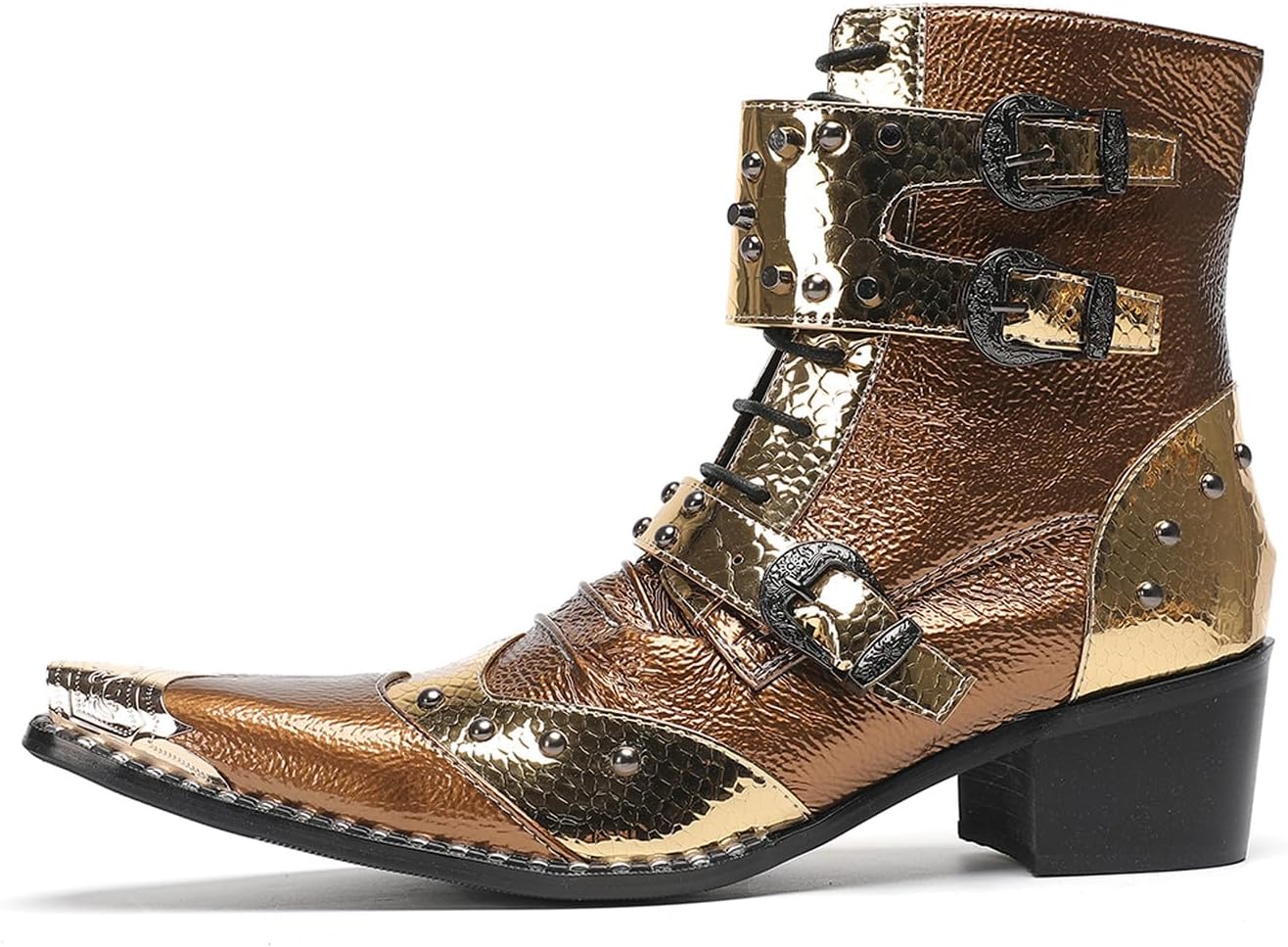 Santimon Men's Genuine Leather Cowboy Boots - Western Dress Boots with Metal Toe & Buckles | Mid-Calf Party, Rock & Motorcycle Boots