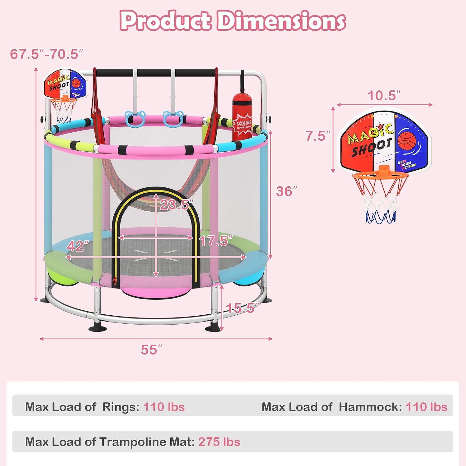 OLAKIDS 55' Trampoline for Kids, Indoor Outdoor Adjustable Toddler Trampoline with Safety Enclosure Net, Baby Recreational Trampolines with Basketball Hoop Hammock Boxing Bag Gymnastic Bar Rings