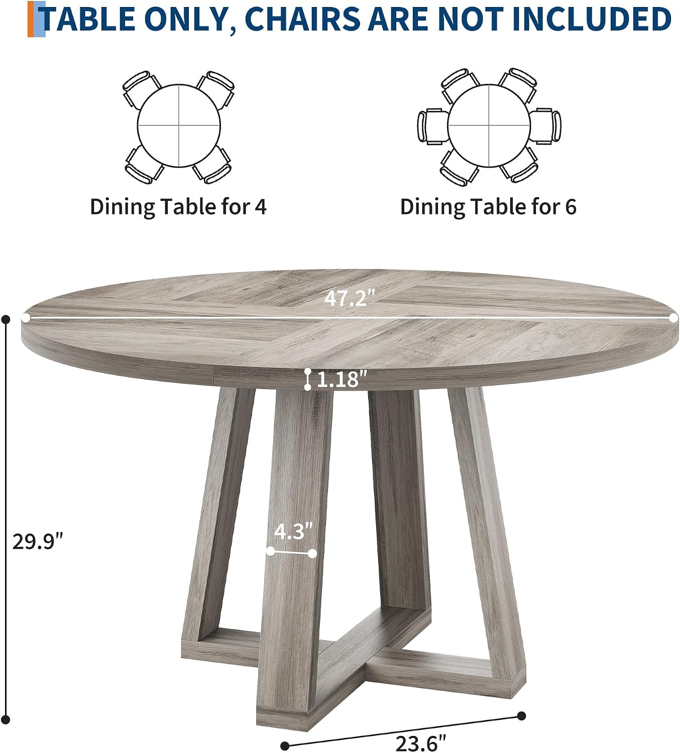 IDEALHOUSE 47 Inch Round Dining Table for 4-6 People, Circle Kitchen Table with Cross Base, Farmhouse Wood Dinner Table for Apartment, Grey