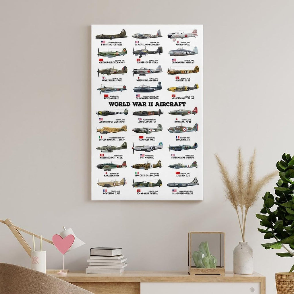 World War II Military Aircraft Art Print WW2 Warplanes Wall Art WWII Airplane Poster Home Wall Decor Army Air Force Historical Gifts Canvas Wall Art Print 24x36inch(60x90cm)