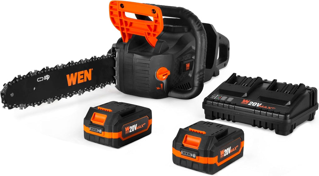 WEN 20V Max 14-Inch Cordless Brushless Chainsaw with Two 4Ah Batteries and Dual Port Charger (20754)