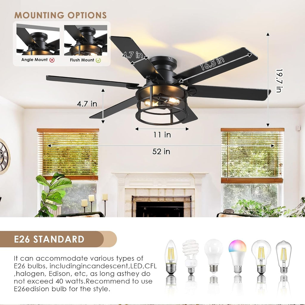 Hounberi 52' Caged Ceiling Fan with Lights and Remote, 6-Speed Quiet DC Motor & E26 Base, 6 Reversible Blades for Black & Wood, Modern Rustic Low Profile Ceiling Fans for Bedroom & Living Room