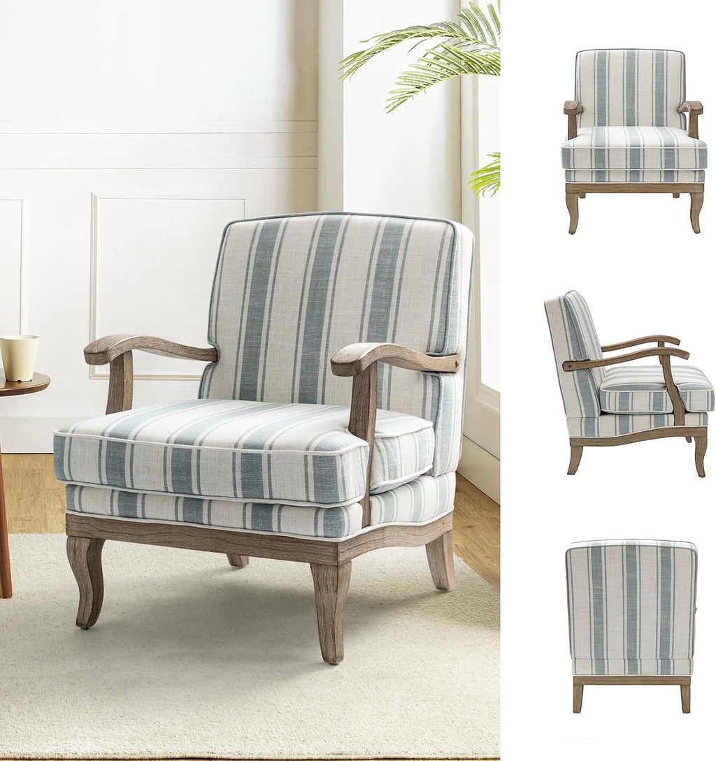 HULALA HOME Mid-Century Modern Chair Set of 2, Upholstered Accent Chair with Graceful Curves and Wooden Legs, Comfy Lounge Armchair Striped Accent Chairs for Living Room, Bedroom (Blue)