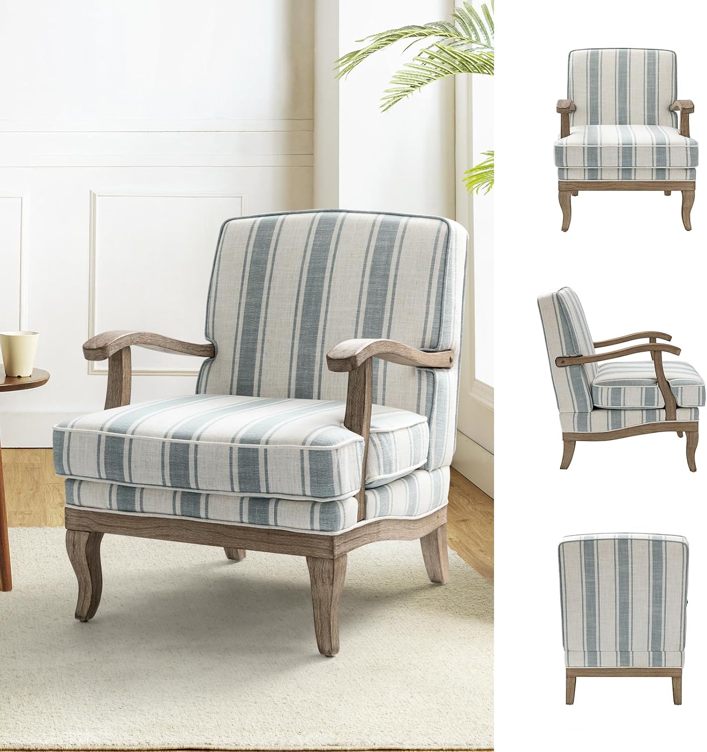 HULALA HOME Mid-Century Modern Chair Set of 2, Upholstered Accent Chair with Graceful Curves and Wooden Legs, Comfy Lounge Armchair Striped Accent Chairs for Living Room, Bedroom (Blue)