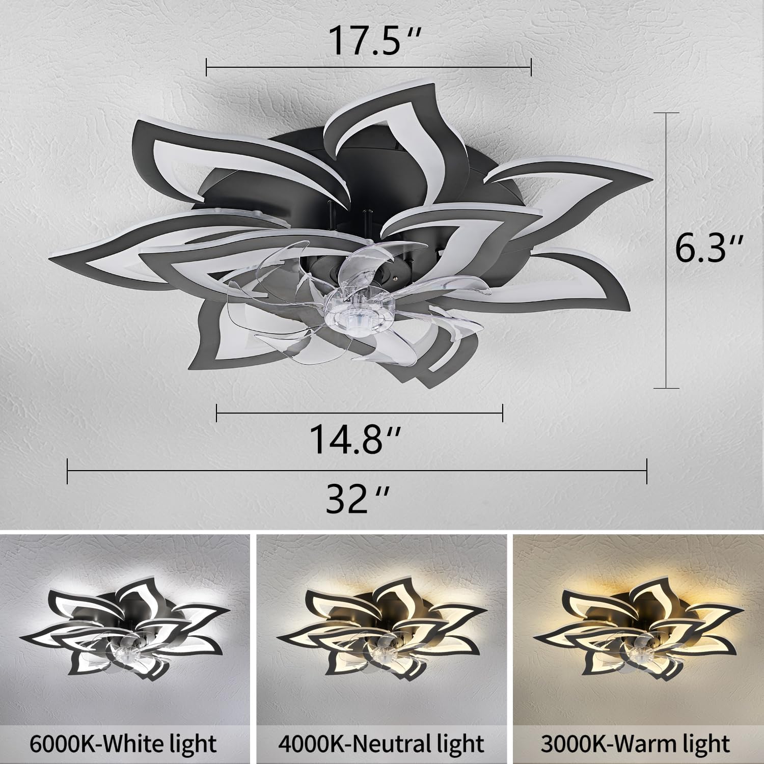 Dalouguan Modern Ceiling Fan with Lights Remote Control, 32' Black Ceiling Fan with Light, 6 Speeds 3 Light Color Low Profile Flush Mount Ceiling Fan for Kitchen Bedroom