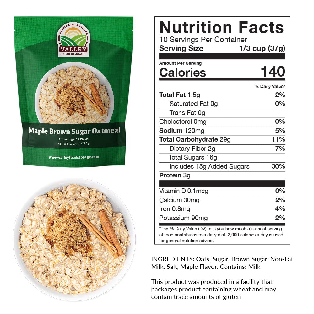 Valley Food Storage Maple Brown Sugar Oatmeal | 10-Bag Bucket, 100 Servings | Premium Emergency Food Supply, 25 Year Shelf Life | Survival Breakfast Food for Prepper Storage & Camping