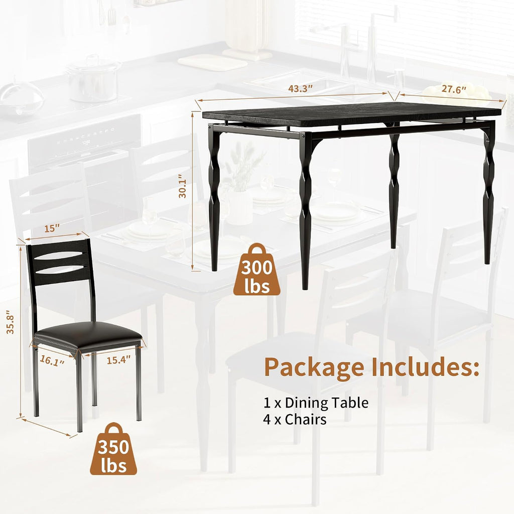 GarveeHome 5 Piece Dining Table Set, Industrial Style Dining Table and Chairs Set for 4, Kitchen Table Set for Dining Room Kitchen Apartment, Black