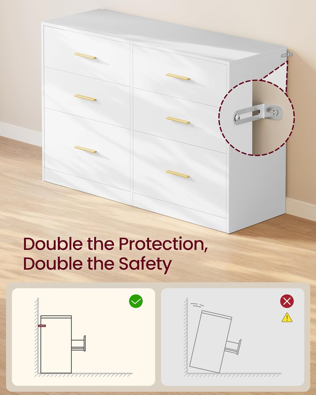 VASAGLE Custos Collection - Dresser for Bedroom, Chest of Drawers for Closet, Modern Style, TV Stand for Living Room, 6 Drawers, 15.8 x 46.9 x 30.7 Inches, Cloud White ULTS416WB01S
