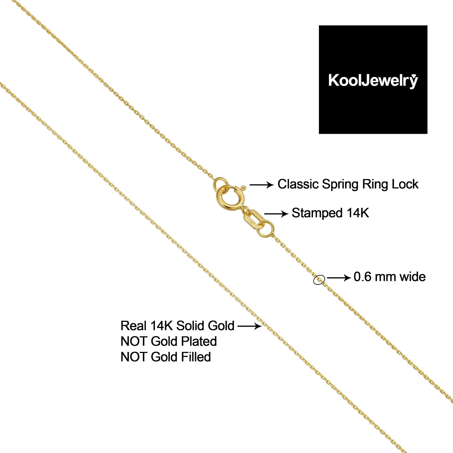 Kooljewelry 14k Yellow Gold 0.6 mm Diamond-cut Cable Chain Necklace (16, 18, 20, 22, 24 or 30 inch)