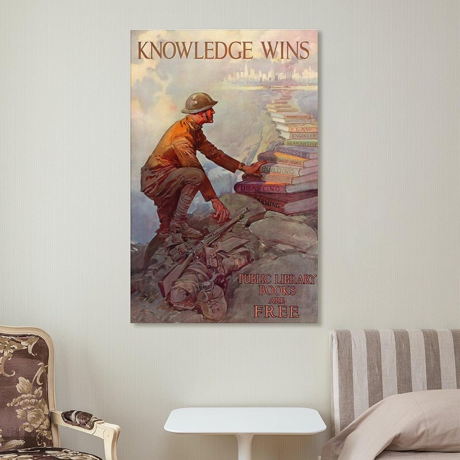 Knowledge Wins - Public Library Books - 1918 - World War I - Propaganda Poster Canvas Printing Wall Decoration Art For Room Aesthetics And Decoration 20x30inch(50x75cm)