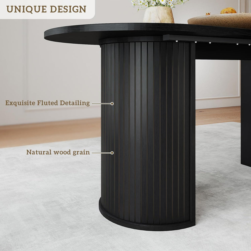 70.8' Oval Dining Table for 4-6 Persons, Fluted Pedestal Base Mid Century Wood Veneer Kitchen Table with Curved Edges for Dining Room, Apartment, Small Spaces, Black