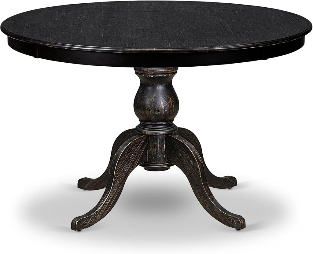 FE6-11-TP Wooden Kitchen Table with Acacia Wood Round Tabletop and Stylish Pedestal Base - Sand Blasted Black Finish